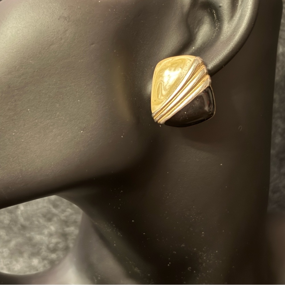 Vintage Ivory & Black Enamel with Gold Accents Trapezoid Shape Clip-On Earrings